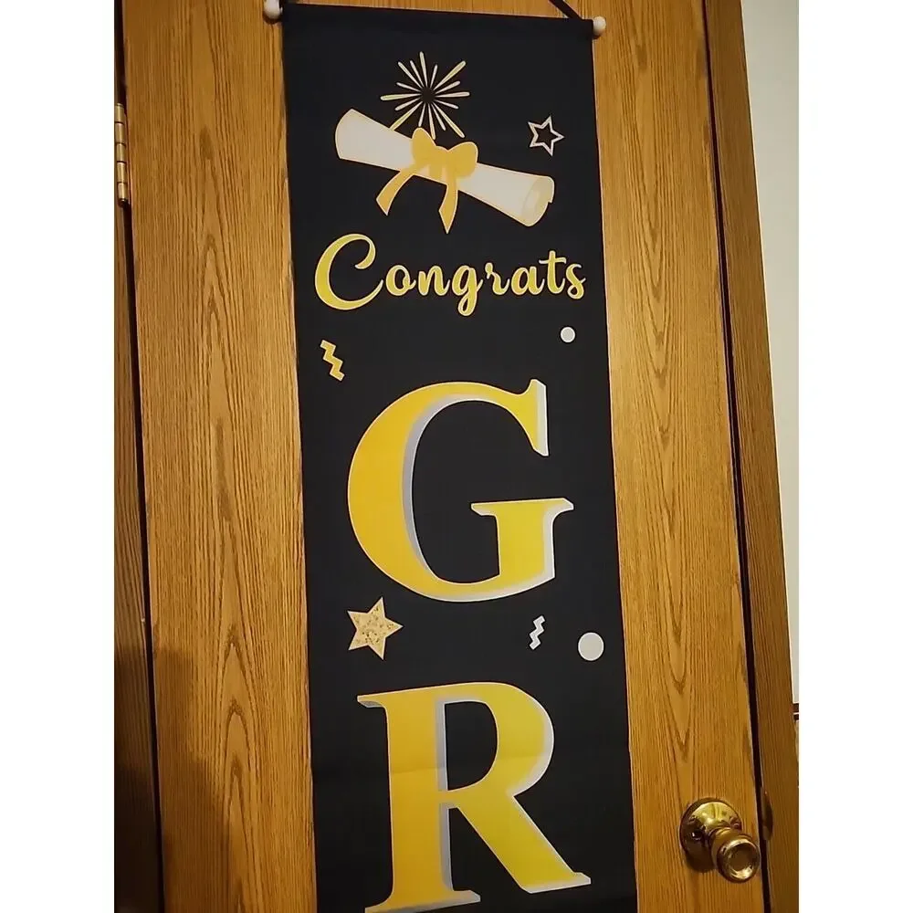 Congratulations Graduation Scroll Pennant Black Yellow Hanging Banner 70